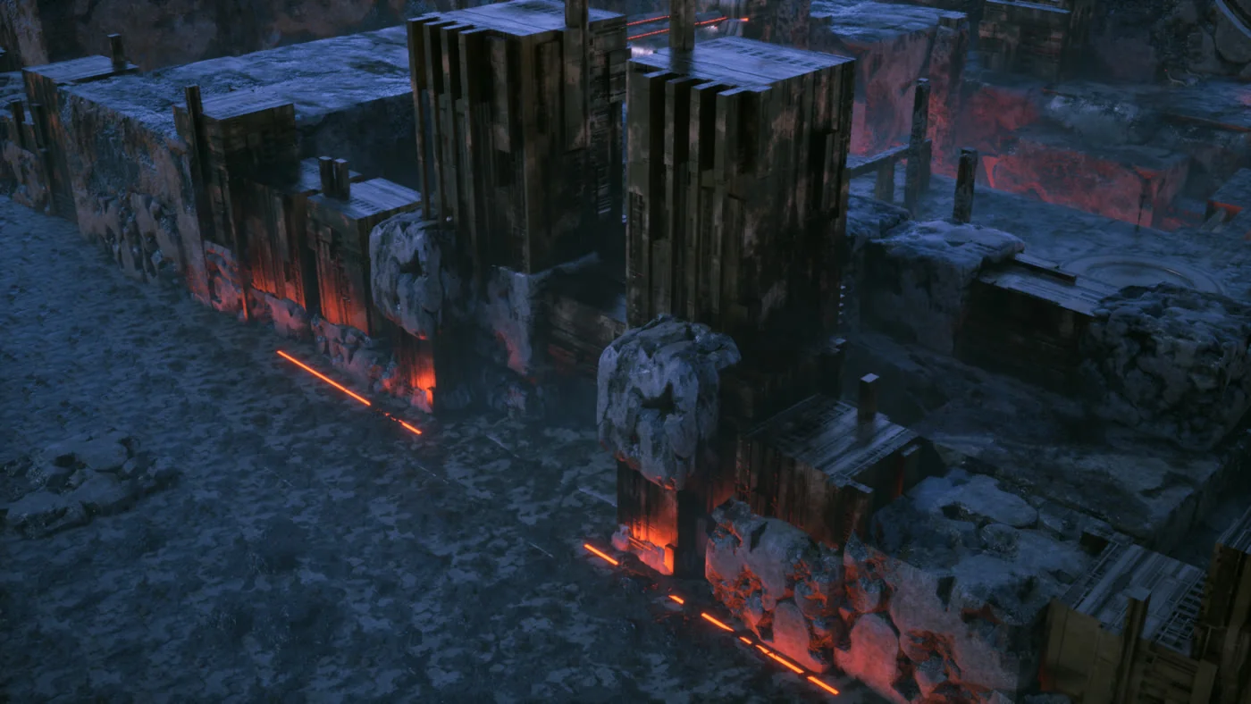 An alien city of black monoliths lit by red seams