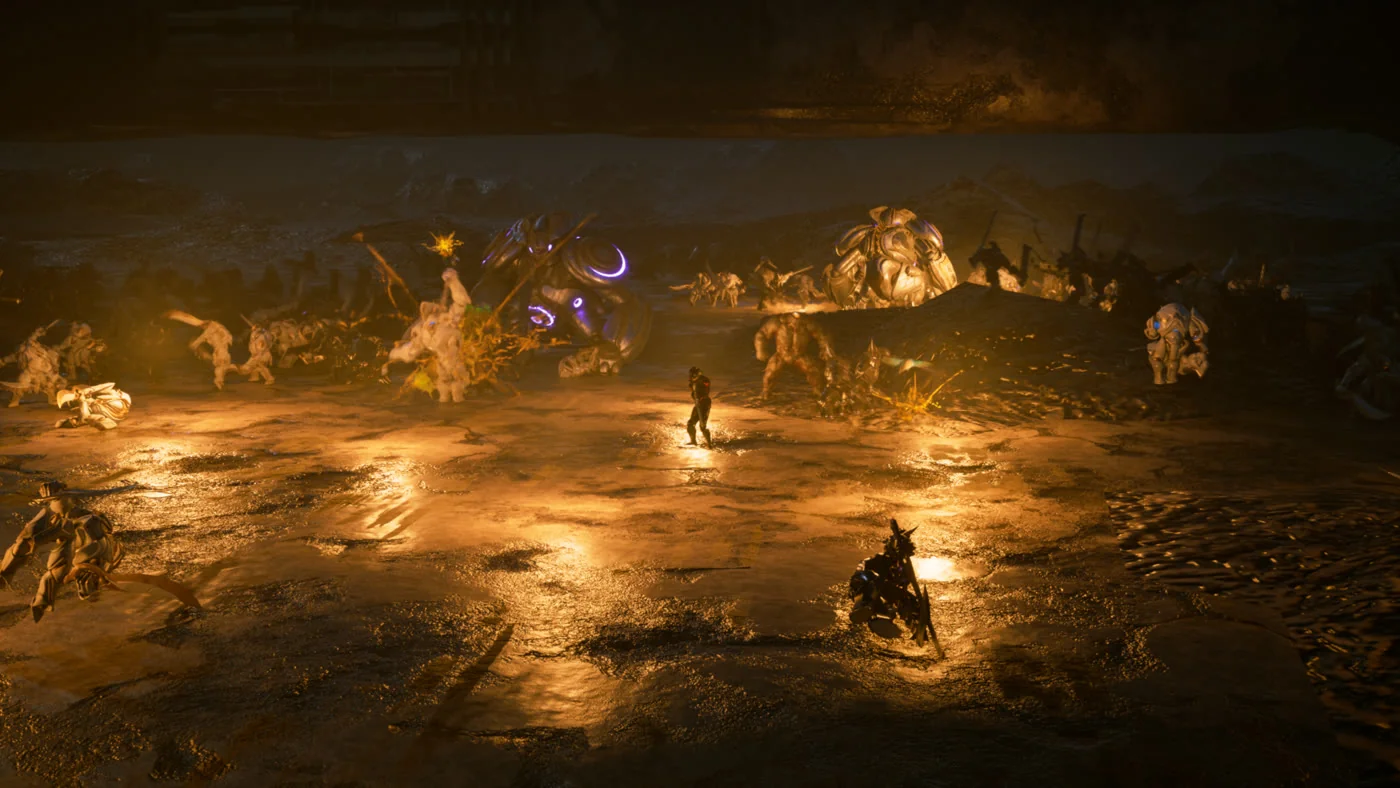 A lone figure faces an advancing army