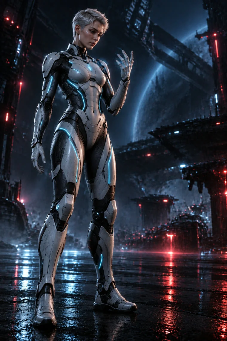 Aura, an AI in a white synthetic body, looking at her own hand
