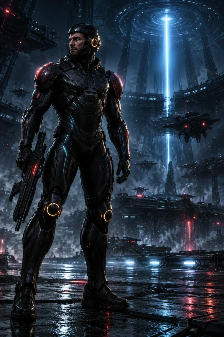 Jax Hale in a black exosuit holding a rifle