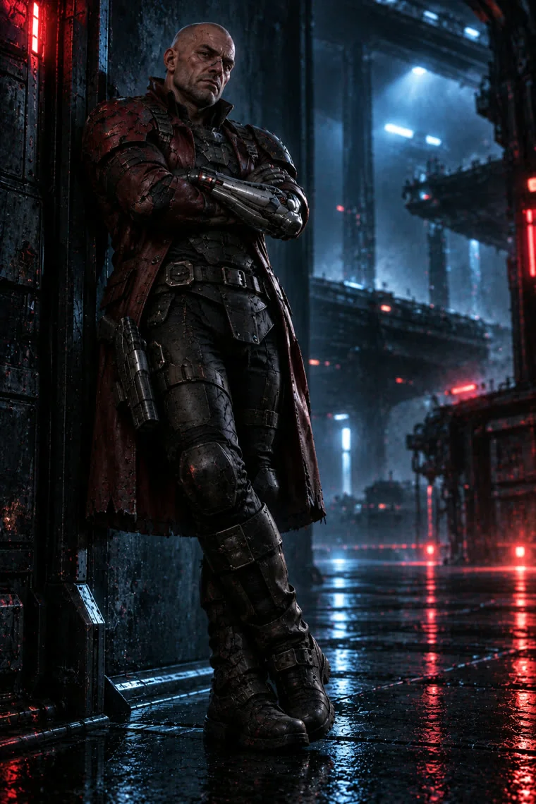 Kael Rourke, a scarred mercenary in a dark red coat