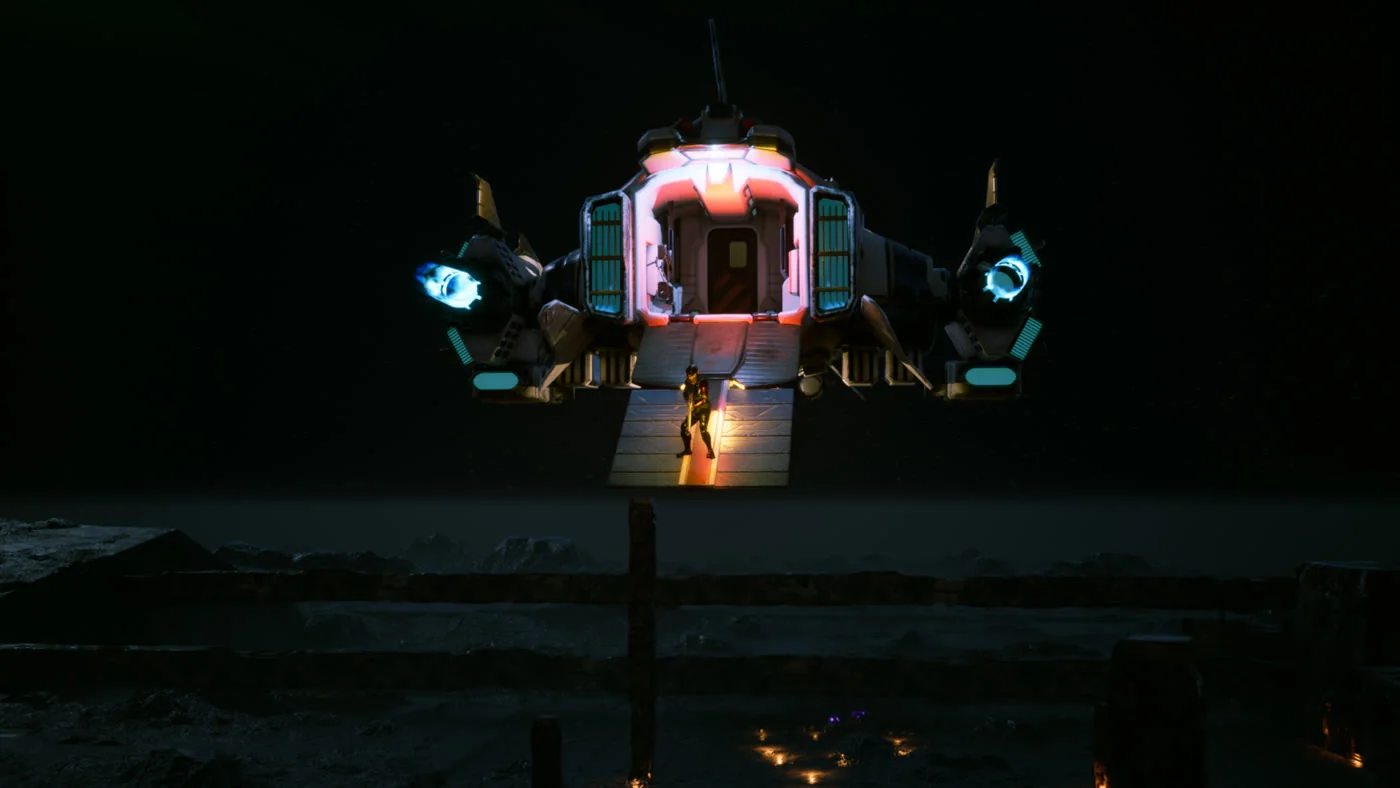 A dropship descends on glowing engines