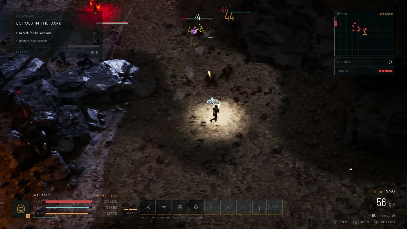 Top-down combat with damage numbers, ability bar and a live DPS readout